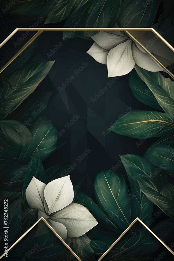 Poster simple and elegant image of white flowers and leaves on a black background. perfect for various desi