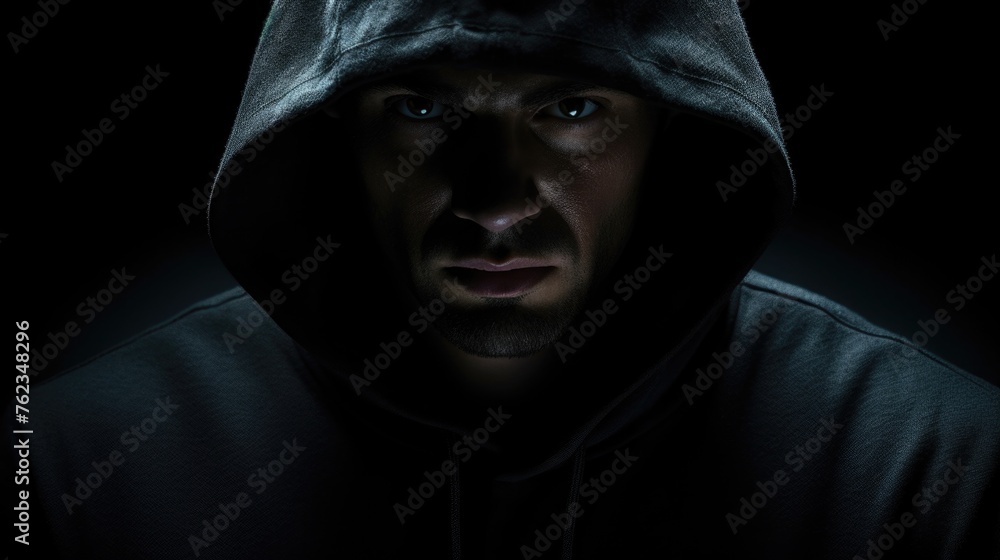 Poster a man in a hoodie staring directly at the camera. suitable for concepts related to mystery and suspi