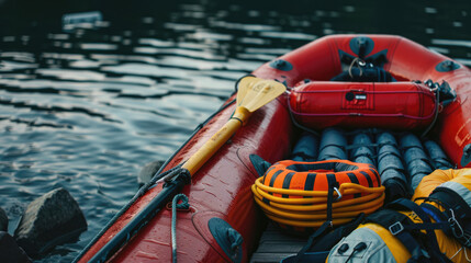 Boat and equipment for rafting instructor. Rafting on a mountain river