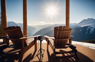 a seat for relaxing at a ski resort in the mountains - obrazy, fototapety, plakaty