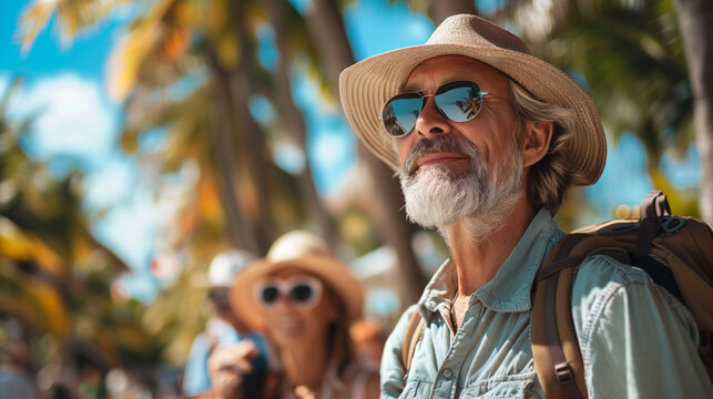 Elderly happy people have a vacation, seniour tourism concept, ai