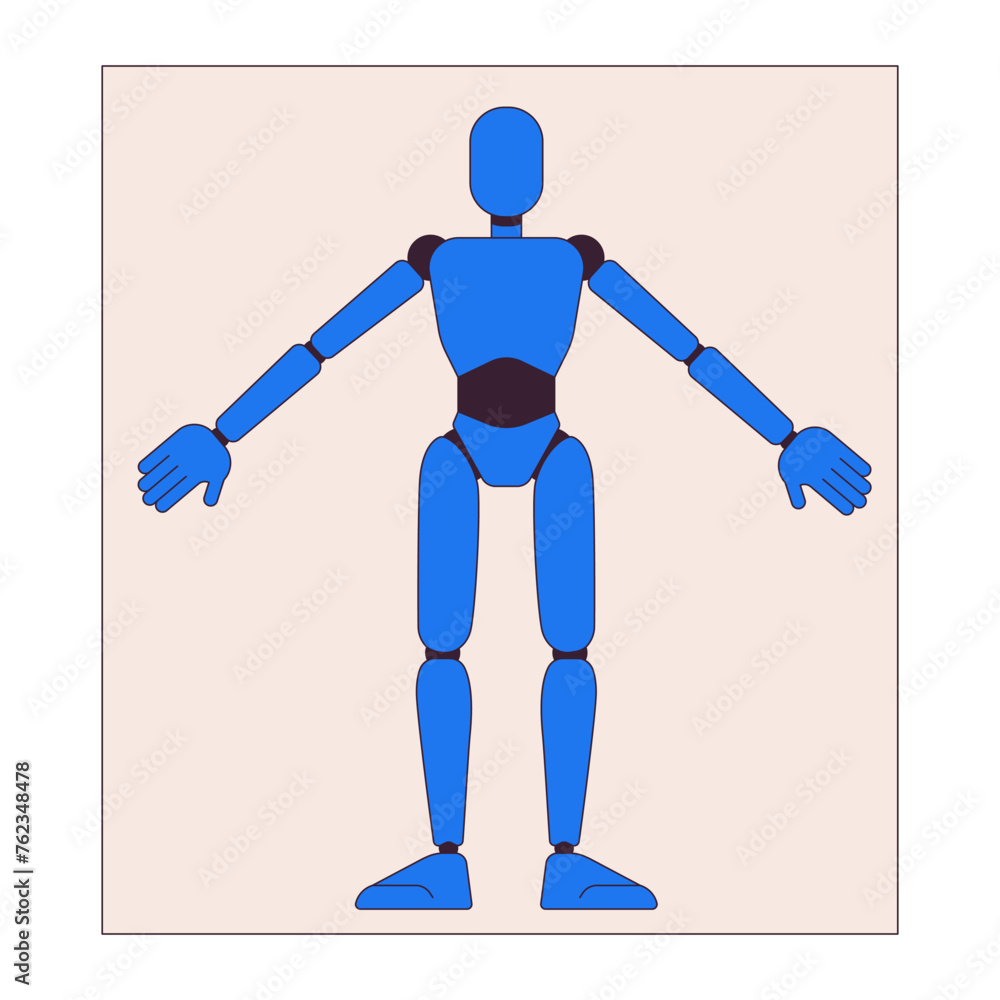 Poster model of cyborg on paper sheet 2d linear cartoon character. humanoid robot drawing isolated line vec