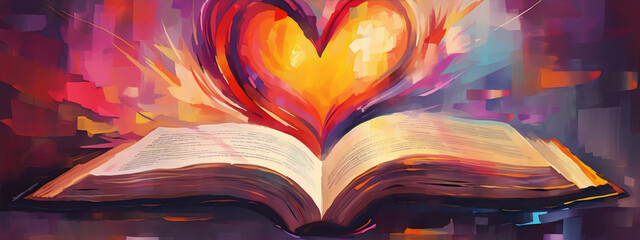 An abstract painting of an open book with a glowing heart. - obrazy, fototapety, plakaty