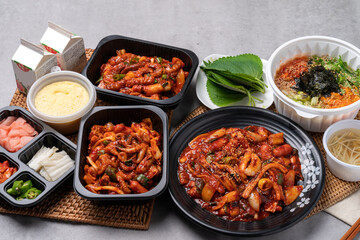 Seafood, Korean food, octopus, stir-fry, jukkumi, squid, side dishes, perilla leaves, bean sprout soup, kimchi, chili pepper paste, spicy
