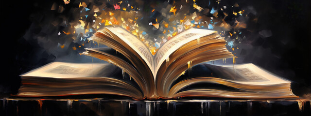 An open book with colorful abstract pages in a dark void painted in an oil painting style.