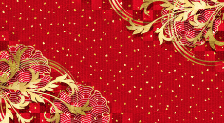 和紙質感の唐草と雪輪の和風の背景、赤、新年の行事やお祝い事等へ