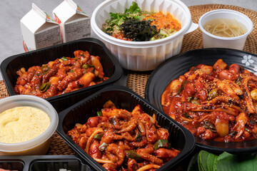Seafood, Korean food, octopus, stir-fry, jukkumi, squid, side dishes, perilla leaves, bean sprout soup, kimchi, chili pepper paste, spicy