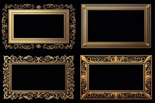 Four elegant gold frames on a sleek black background. Perfect for showcasing artwork or photos