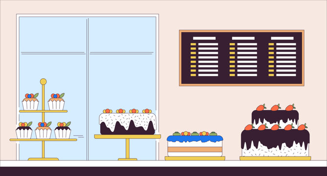 Confectionery small business line cartoon flat illustration. Buying and eating sweets. Cakes on bakery shop display 2D lineart scenery background. Handmade desserts store scene vector color image