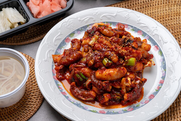 Seafood, Korean food, octopus, stir-fry, jukkumi, squid, side dishes, perilla leaves, bean sprout soup, kimchi, chili pepper paste, spicy