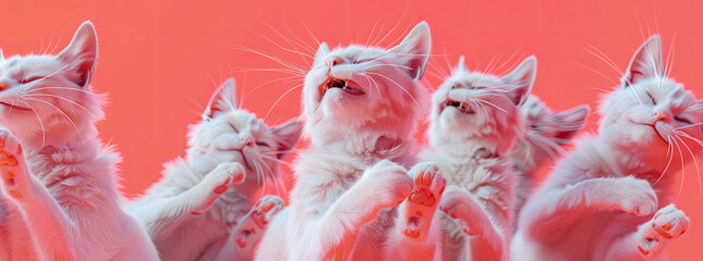 Cats meow in unison, then leap into a hug after meditation 3d render