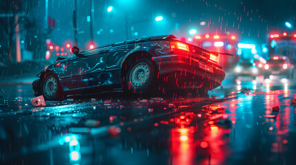 Conceptual visualisation of overturned car on wet road with approaching police car lights at night.  - obrazy, fototapety, plakaty