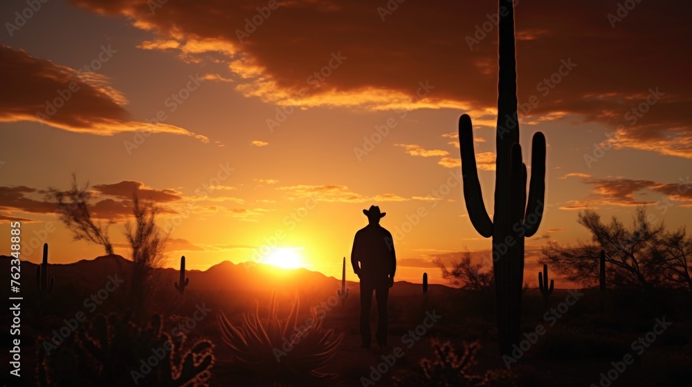 Poster silhouette of a man standing in front of a cactus, suitable for desert themed projects
