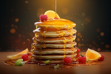 a stack of pancakes with syrup and fruits