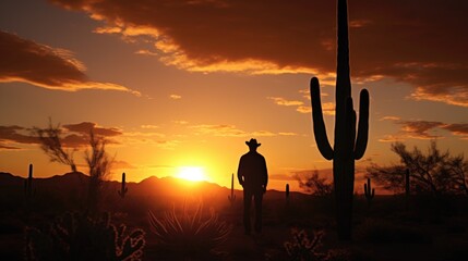 Silhouette of a man standing in front of a cactus, suitable for desert themed projects - Powered by Adobe