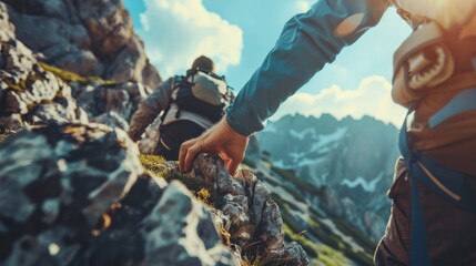 Teamwork, cohesion, together, togetherness success busniess concept - Outdoor adventure climber, extreme sport background - Close up man and woman, holding hands, climbing on a rock in the mountains - Powered by Adobe