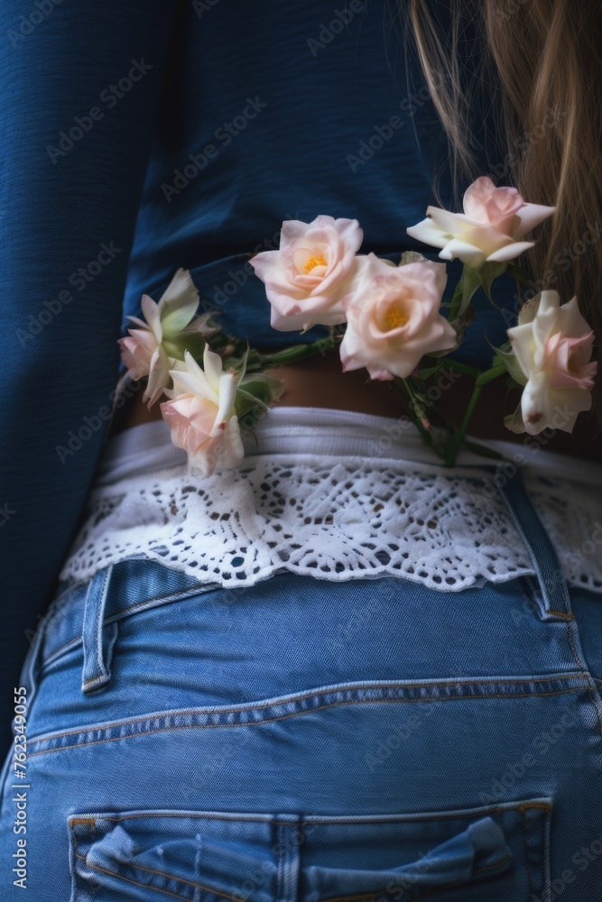 Poster close up of a person with a flower in their back pocket, suitable for various concepts and designs