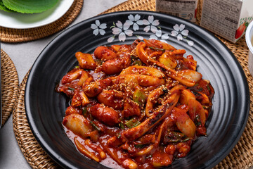 Seafood, Korean food, octopus, stir-fry, jukkumi, squid, side dishes, perilla leaves, bean sprout soup, kimchi, chili pepper paste, spicy
