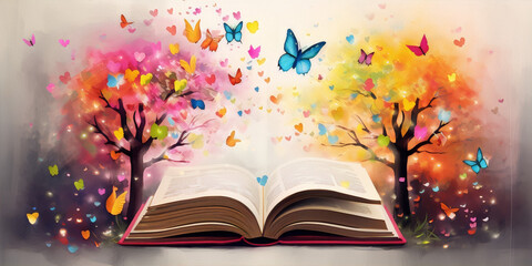 An open book with butterflies and colorful leaves in a surreal whimsical style with soft colors. - obrazy, fototapety, plakaty