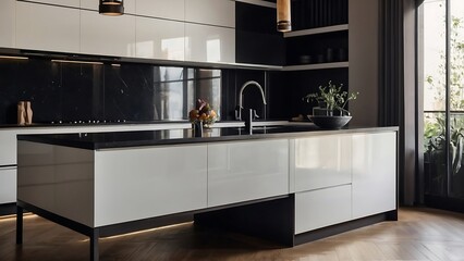 Interior of modern kitchen with black and white walls, wooden floor,