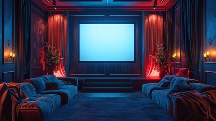 Private Luxury Home Cinema Room. Opulent home cinema with velvet drapes and a single, empty frame on the wall, offering a canvas for artistic expression - obrazy, fototapety, plakaty
