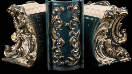 ornate bookends supporting a teal book with gold accents