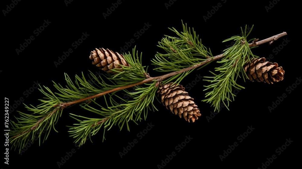 Poster Close-up of a pine tree branch with cones. Suitable for nature and forestry concepts