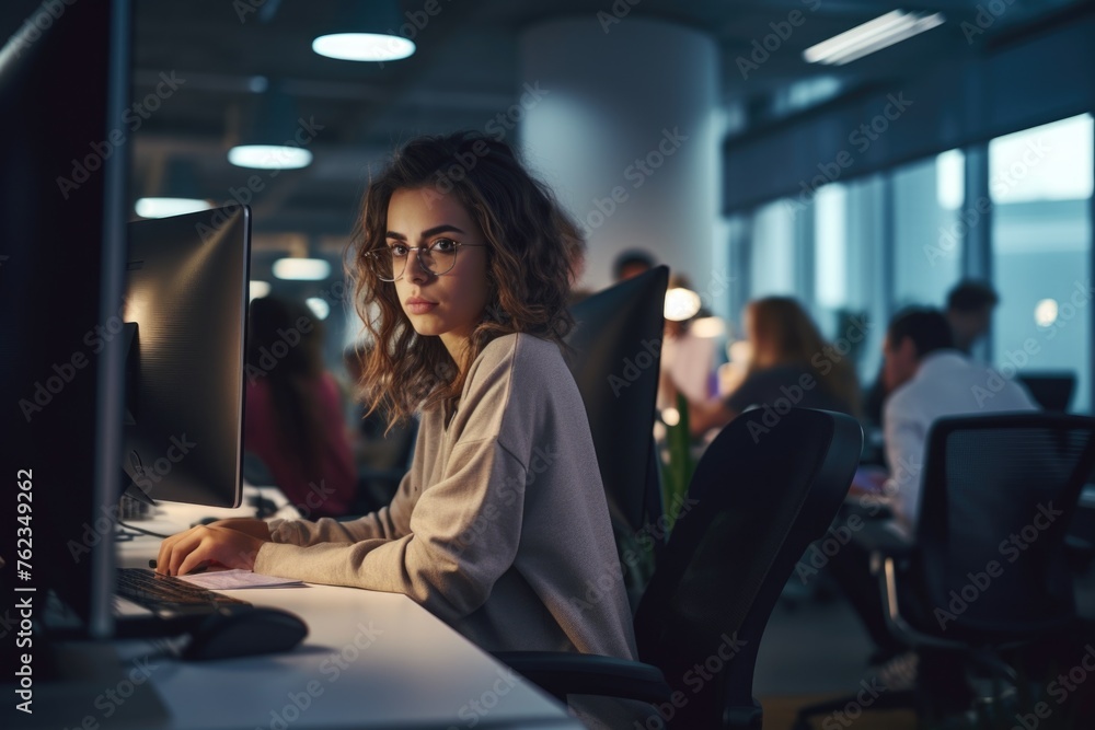 Poster a woman sitting in front of a computer monitor. suitable for office or technology concepts