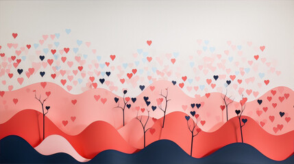 Pink and red paper cutouts of hearts and trees against a white background.