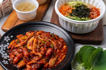 Seafood, Korean food, octopus, stir-fry, jukkumi, squid, side dishes, perilla leaves, bean sprout soup, kimchi, chili pepper paste, spicy