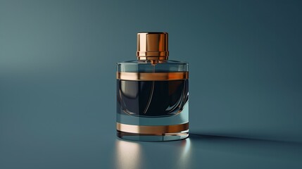 Perfume bottle on blue background with bokeh effect. 3d illustration, mock up - obrazy, fototapety, plakaty