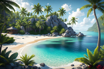 Beach paradise with swaying palm trees lining a turquoise ocean  - obrazy, fototapety, plakaty
