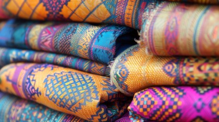 Textile originating from South America, adorned with vivid hues and elaborate patterns, expertly arranged to accentuate its cultural elegance. - obrazy, fototapety, plakaty