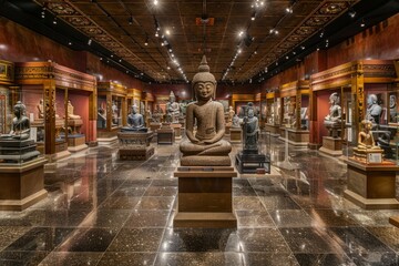 Numerous Buddha statues fill a room in a museum, showcasing cultural heritage and history through religious artifacts - Powered by Adobe