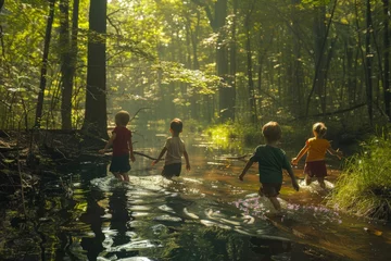 Zelfklevend Fotobehang Group of children wading through river in dense forest setting © Ilia Nesolenyi