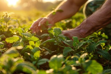 A person diligently picking plants in a sunlit field during the golden hour of sunset
