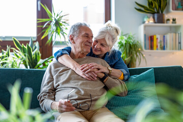Portrait of a happy senior couple sitting on sofa at home
- 762349824