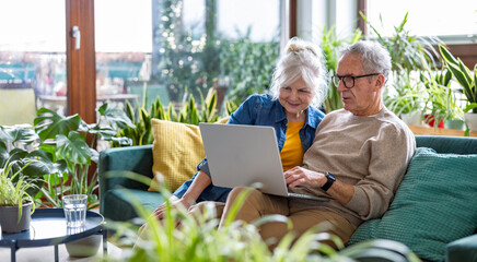 Senior couple using laptop while sitting on sofa in living room at home
- 762349831
