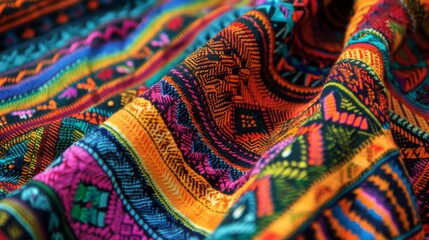 Textile originating from South America, adorned with vivid hues and elaborate patterns, expertly arranged to accentuate its cultural elegance.