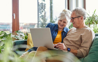 Senior couple using laptop while sitting on sofa in living room at home
- 762349839