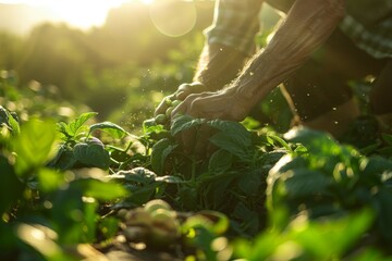 A person is picking green plants in a sunlit field, showcasing the hard work of farmers - obrazy, fototapety, plakaty