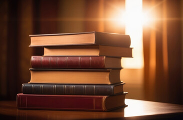 a stack of books on the table. Education