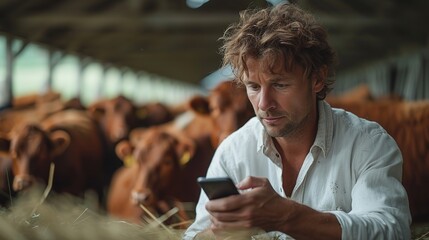 Portrait of a farmer using mobile phone while sitting in cowshed - obrazy, fototapety, plakaty