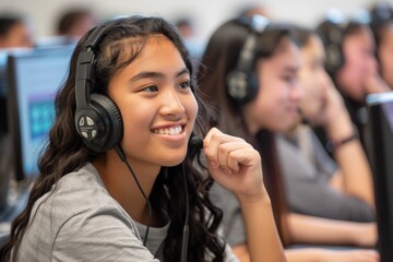 A young girl wearing headphones sits in front of computer monitors in a language learning showcase,...