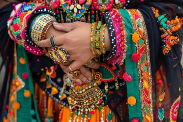 A detailed view of a persons hands adorned with beautiful bracelets, showcasing intricate details and craftsmanship