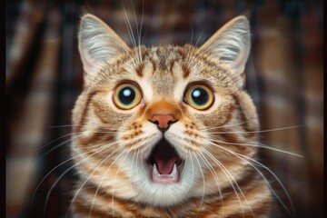 Surprised cat make big eyes. American shorthair surprised cat or kitten funny face big eyes, cute, domestic, kitten, feline, Emotional surprised, kitty, wow. - obrazy, fototapety, plakaty