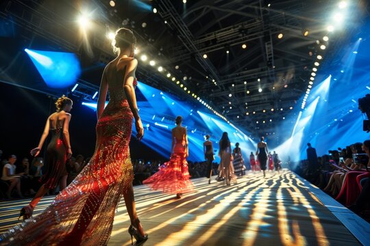 A group of women walking confidently down a fashion show runway, showcasing the latest styles and trends