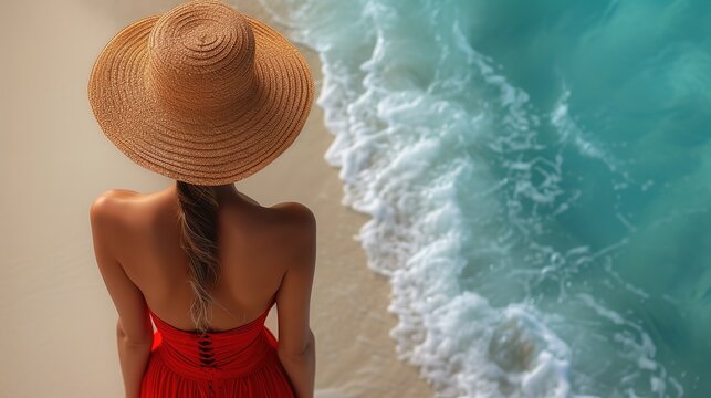 Young woman in red dress and hat on the beach with turquoise water