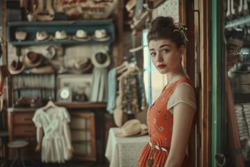 A woman wearing an orange dress stands in a room, exuding retro vibes through her fashion choice and the setting