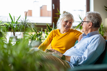 Portrait of a happy senior couple sitting on sofa at home
- 762350497